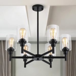 Farmhouse Chandelier with Cylinder Clear Glass Vintage Black